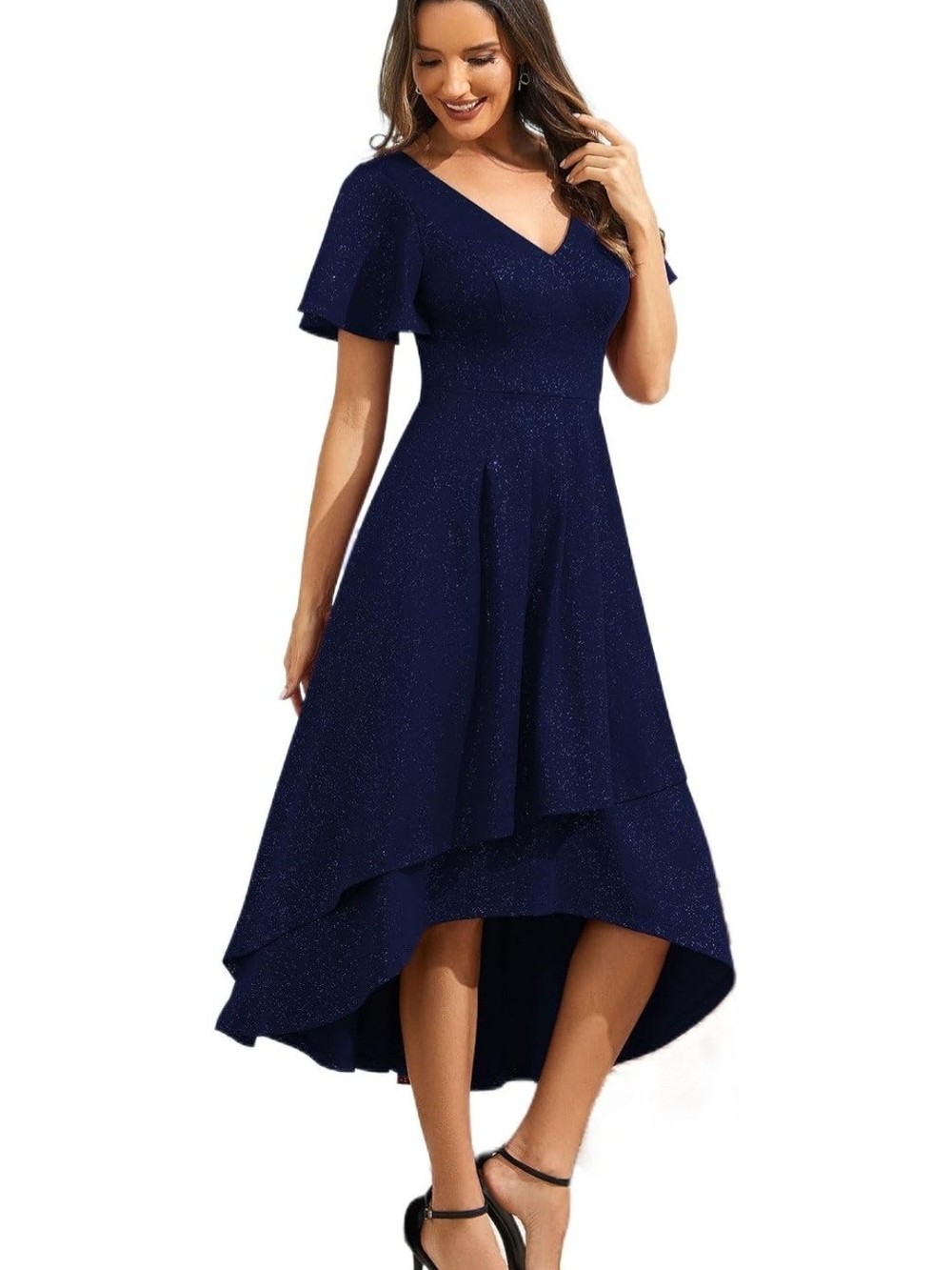 Ever Pretty Sparkle Navy V-Neck High-Low Dress Size 14